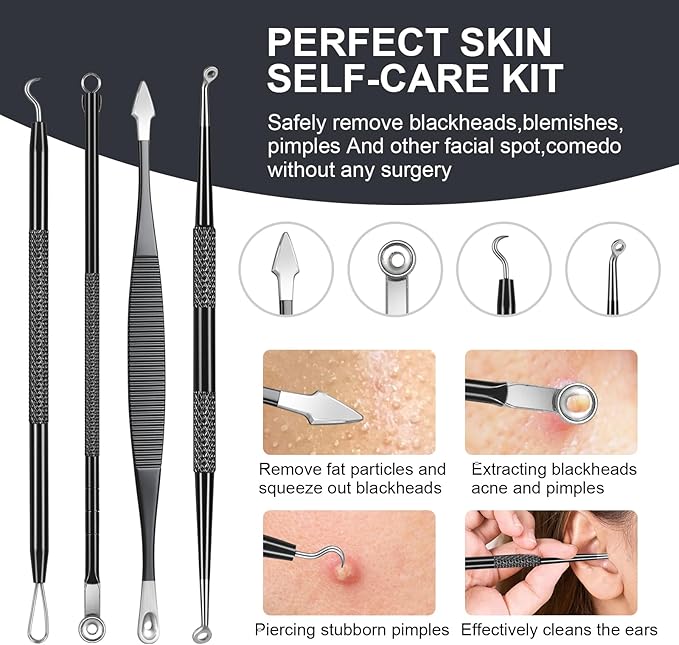 11PCS Blackhead Remover Comedone Extrator Kit, Pimple Extractor Acne Removal Tool Kit, Curved Blackhead Tweezers Kit, Comes with Alcohol Tablets and Magnifying Glasses for Blemish Removal (Iron Box)
