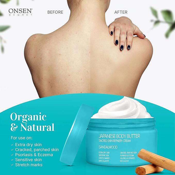 Onsen Japanese Body Butter for Women - Skin Refinery Cream Natural and Organic Shea Butter Moisturizing Clear Skin Exfoliator with Coconut Oil and Vitamin E - 8.6 fl oz / 255 ml (Sandalwood)