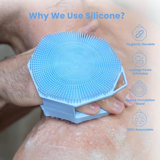 iTokGoK® Silver-Infused 2-in-1 Silicone Body Scrubber, Double-Sided Design Body Brush Body Scrubber Exfoliating Body Brushes for Sensitive Skin for Showering, Silicone Loofah - Sky Blue