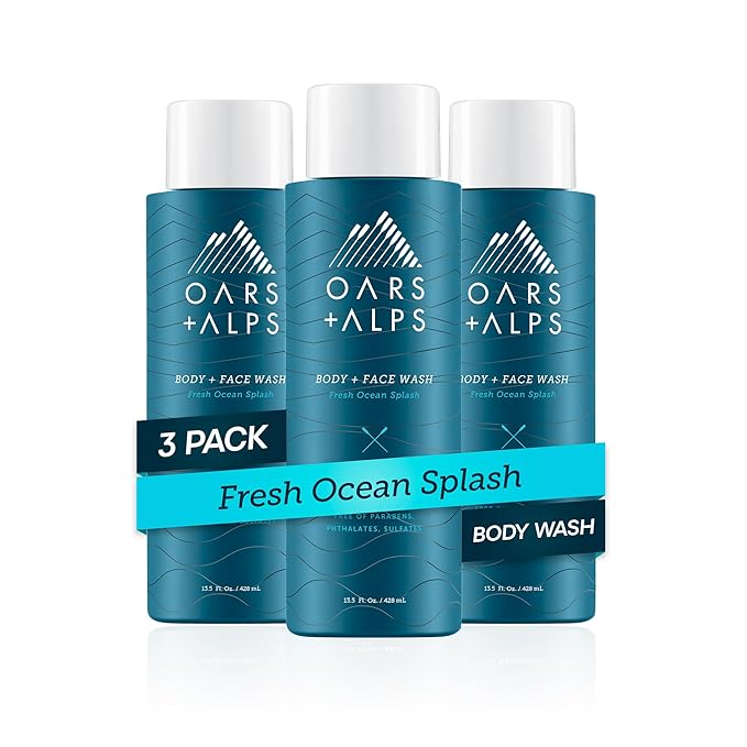 Oars + Alps Men's Moisturizing Face & Body Wash, Body Wash with Vitamin E and Antioxidants, Sulfate Free, Fresh Ocean Splash, 3pk