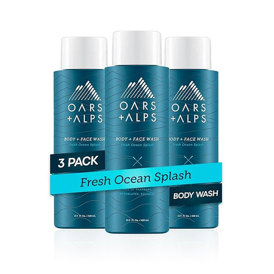 Oars + Alps Men's Moisturizing Face & Body Wash, Body Wash with Vitamin E and Antioxidants, Sulfate Free, Fresh Ocean Splash, 3pk