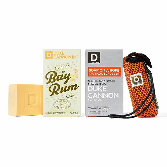 Duke Cannon Big Brick of Soap - Bay Rum Scent + Tactical Scrubber 2 Pack Bundle | 10 oz Triple-Milled Soap Bar with Citrus Musk & Cedarwood | Military-Grade Pouch | For Men