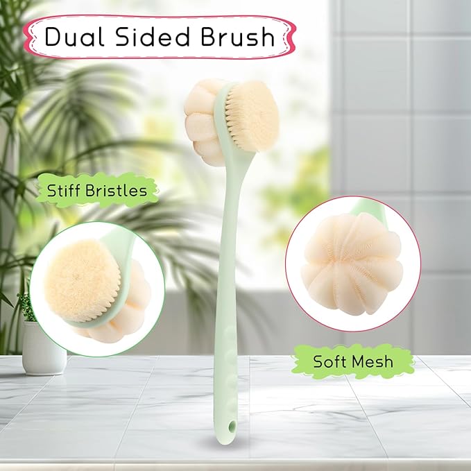1-Pack Green Double Sided Bath Brush with Soft Bristles and Loofah,Long Handle Back Scrubber,Exfoliating Back Shower Brush for Women and Men