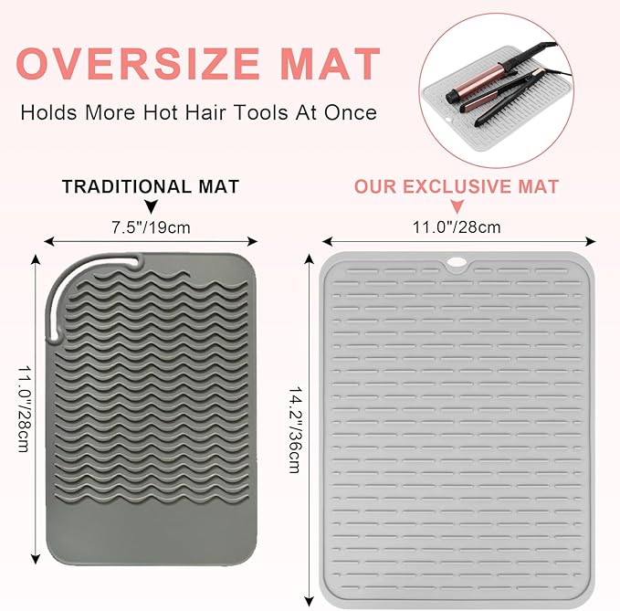 Oversize Silicone Heat Resistant Mat for Curling Irons, Flat Irons, Hair Straighteners and Hot Hair Styling Tools, Portable Hot Tools Cover Pad for Travel Vanity Salon(14.2" x 11.0")