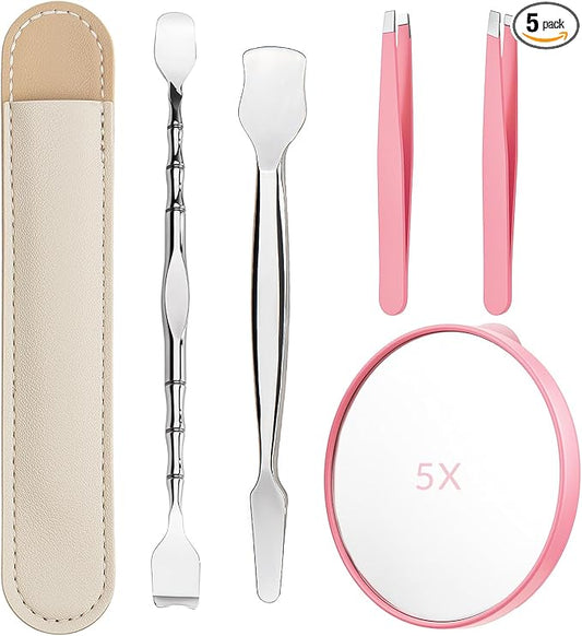 Blackhead Remover Tools Kit 5PCS: 2 × Blackhead Spatula Skin Tools, 2× Eyebrow Tweezers, 1 × 5X Mirror, Pore Prep Tool Pore Scraper, Stainless Pimple Extractor Tweezer Kit for Face & Nose (Pink)