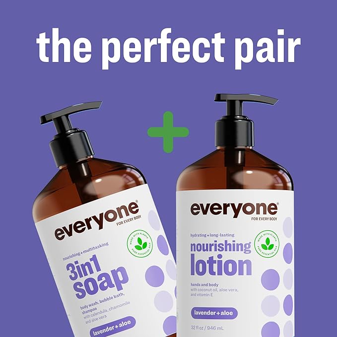 Everyone 2-in-1 Lotion for Hands/Body, 8 ounce (Pack of 2) Lavender and Aloe made with Essential Oils for Men and Women