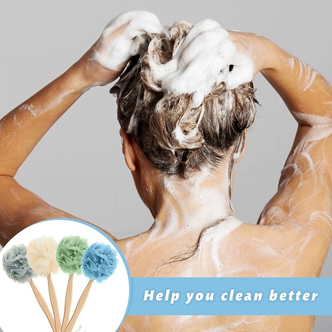 LemonRoad 16 Pcs Large Bath Body Back Brush Loofah on a Stick with Long Handle Back Scrubber for Shower PE Body Bath Sponge Soft Spa Mesh Brush Wash Exfoliating Luffas for Men Women