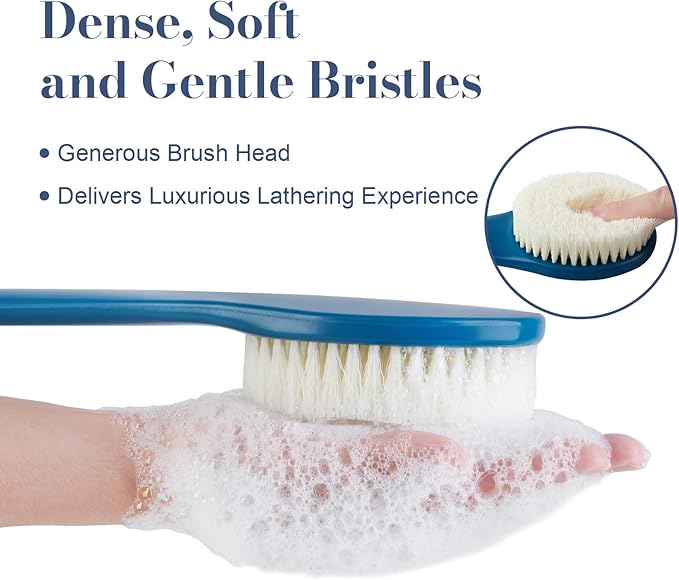 Back Scrubber for Shower, Shower Body Brush for Cleaning with Long Handle for Showering, 17 Inch Back Washer Exfoliator for Shower Men Women with Non-Slip Handle, Adhesive Hook (Navy Blue)