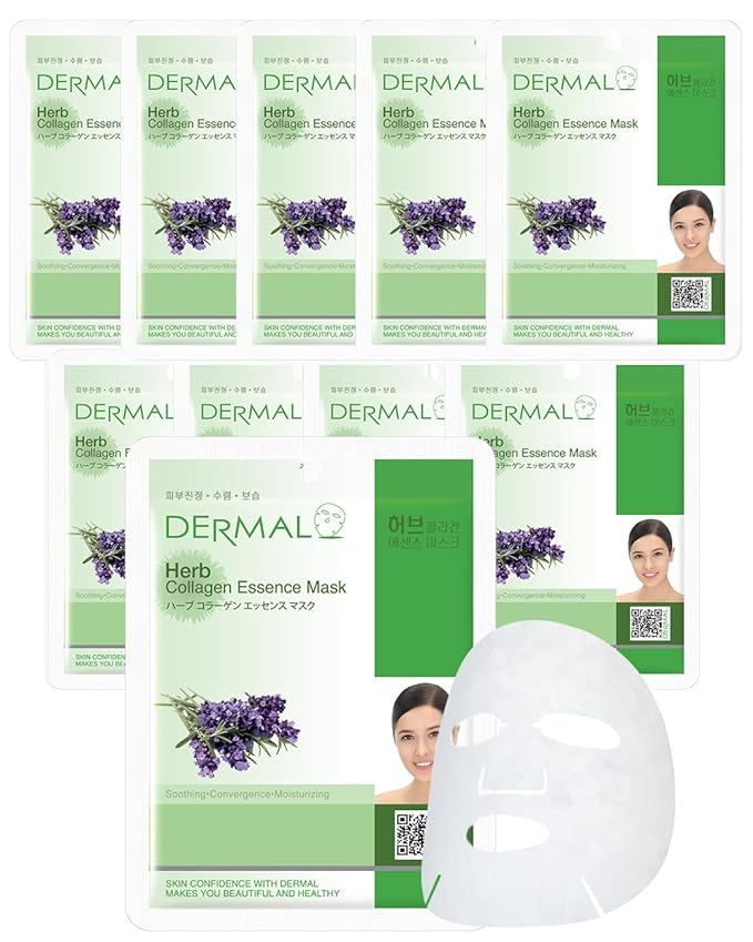 DERMAL Herb Collagen Essence Facial Mask Sheet 23g Pack of 10 - Skin Clear and Purifying, Pore Tightening, Calming for Oily Skin, Daily Skin Treatment Solution Sheet Mask