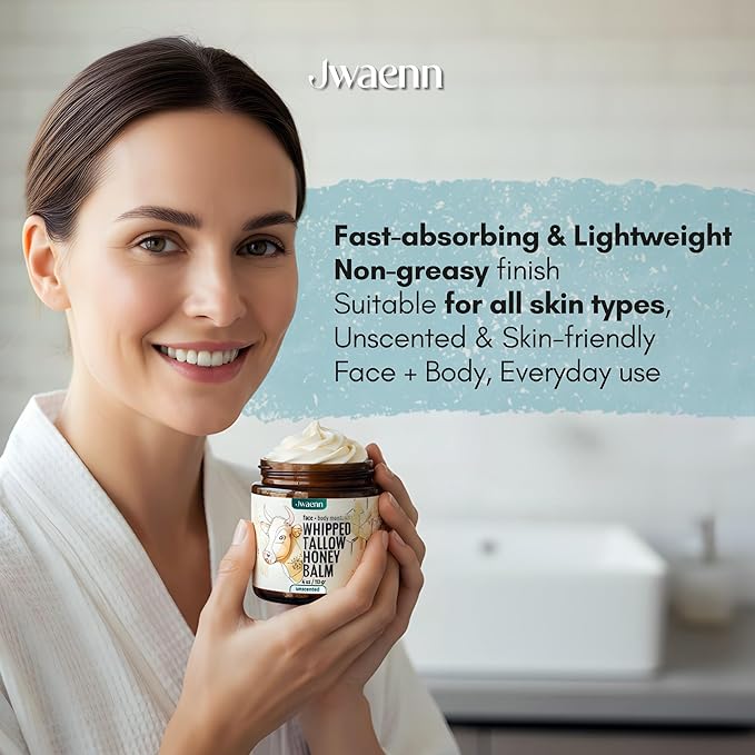 Beef Tallow for Skin – Whipped Tallow and Honey Balm, Grass Fed Beef, Face Moisturizer for Dry and Sensitive Skin, Natural and Nourishing Body Butter, 4 oz