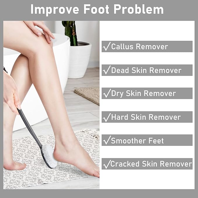 Foot Scrubber Pumice Stone for Feet with Long Handle 13.7" Hard Skin Callus Remover and Exfoliator for Dead Dry Skin, Softer & Smoother Feet, Pedicure Tool (Curved) Black