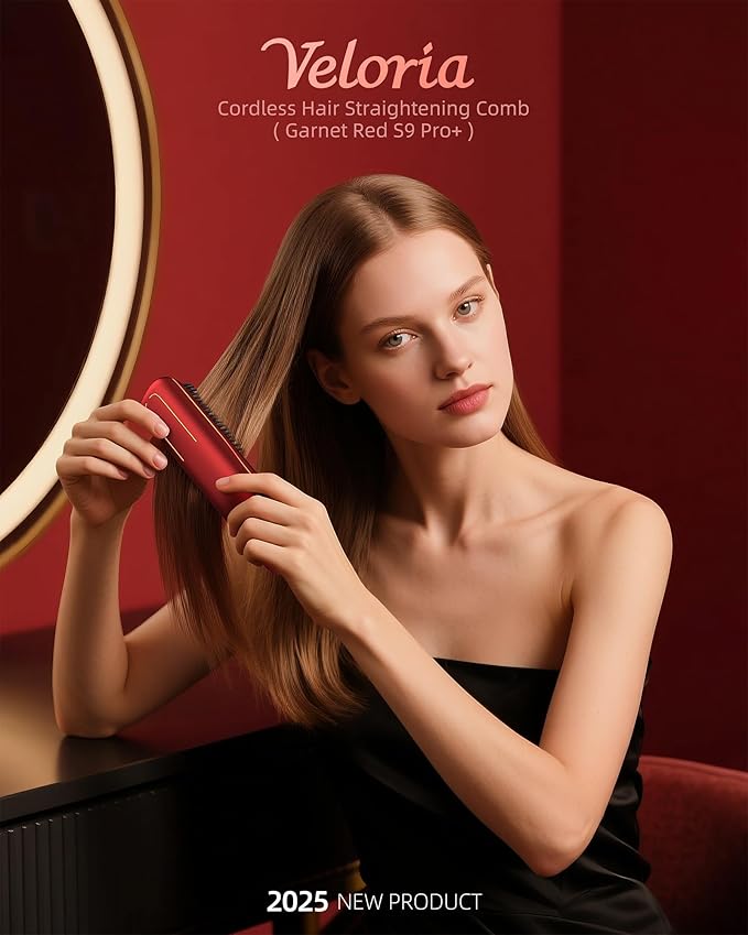 VELORlA Cordless Hair Straightener Brush with Charging Dock - LED Display,300M Negative lons & 3 Temps Fast Heating 320-392°F, Anti-Frizz Travel HaiStyler, Gift for Women (Garnet Red Pro+)
