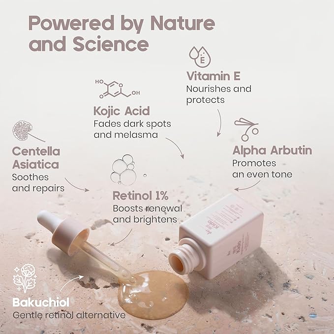 IKI Kido Brightening Serum - Reduces Dark Spots, Evens Skin Tone, Hydrates Deeply, Non-Irritating Formula, Kojic Acid, Alpha Arbutin, Retinol Serum for Face, Centella Asiatica, & Vitamin E