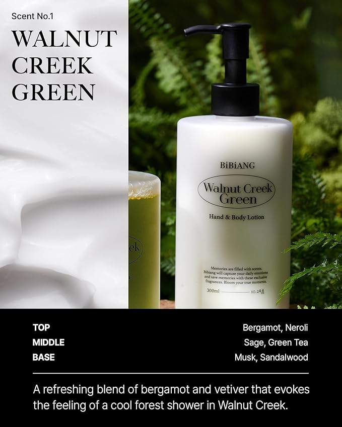 Walnut Creek Green Body Lotion - Korean Body Care for Moisturizing & Nourishment - Hydrating Body Care Formula with Forest Bergamot Scent, Shea Butter & Jojoba Oil - 10.82 fl.oz