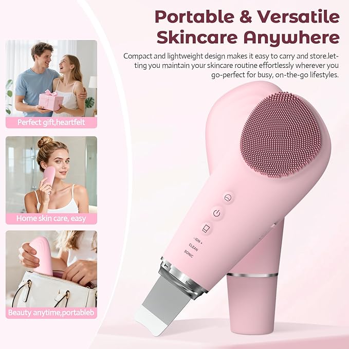 2 in 1 Electric Face Scrubber Silicone Facial Cleansing Brush, Exfoliator Scrubber & Skin Spatula Pore Cleaner Blackhead Remover Tools, Waterproof Face Brush Exfoliating Deep Cleaning Massager, Pink