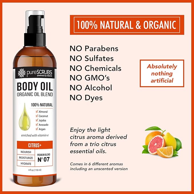 pureSCRUBS Ultra Moisturizing Citrus+ Body Oil Spray for Dry Skin, Massage, Cuticles & More Organic Super Blend of Jojoba, Argan, Coconut, Sweet Almond & Avocado Oils Enriched with Vitamin E, Lg 4oz