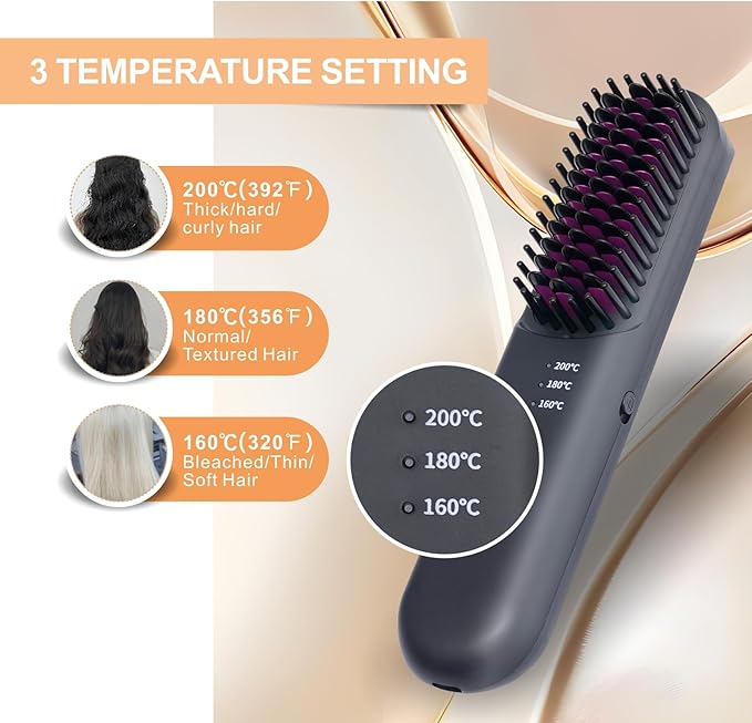 Hot Comb Electric, Cordless Hair Straightener Brush Travel, Mini Hair Brush, Heated Comb with 3 Temp Settings, Rechargeable Portable Hair Straightener for Women, Auto Shut-Off, Anti-Scald
