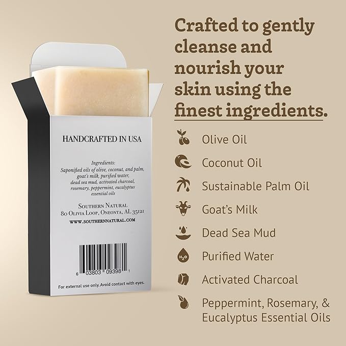 Southern Natural Dead Sea Mud & Charcoal Goat Milk Soap Bar – Face and Body Soap for Sensitive Skin with Peppermint Essential Oil, 4 oz (1 Bar)