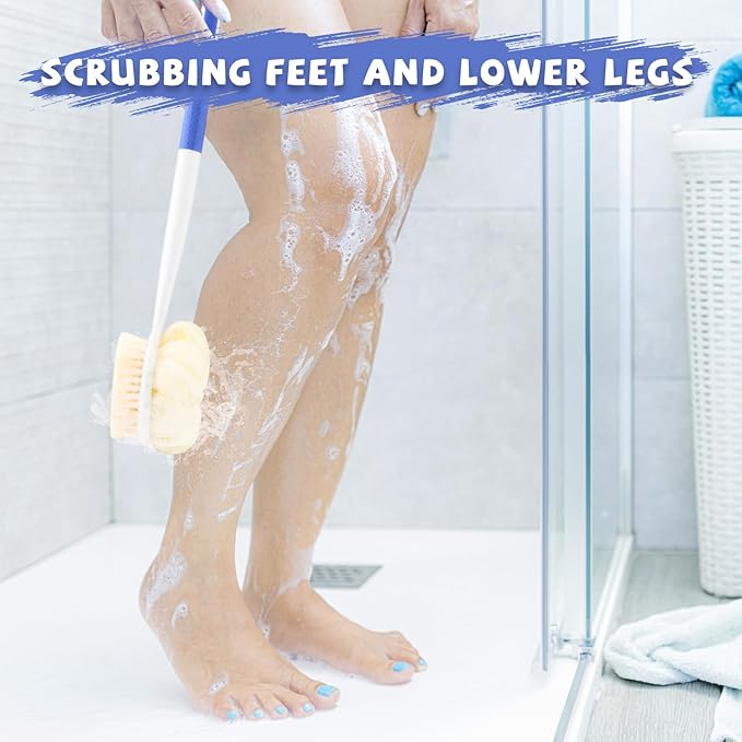 2 Pcs Long Handled Shower Brush Double Sided Bath Brush Massage Body Cleaning Mesh Sponge with Soft Bristles and Loofah for Skin Exfoliating Women Men - Blue