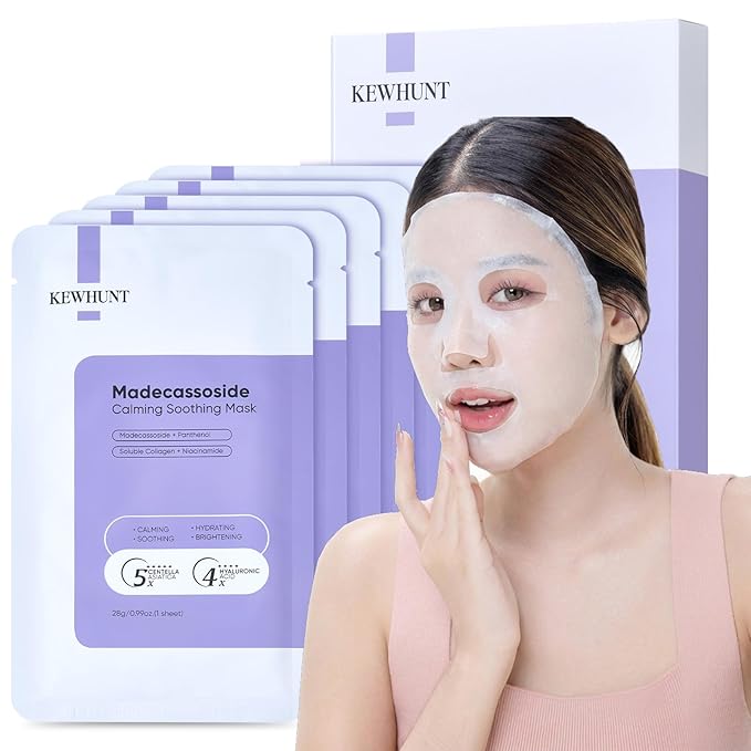 Madecassoside Sheet Mask Blemish Repair, Collagen Face Mask- Hyaluronic Acid, Niacinamide, Panthenol, Centella Facial Masks for Sooth, Hydration, Firming, Korean Skin Care, Stocking Stuffers 5ea