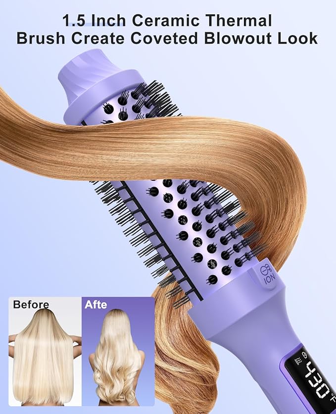 Nimmu Thermal Brush for Blowout Look, 1.5 inch Heated Round Brush, Curling Iron with 10 Temperature Control, Hot Styler Dual Voltage for Travel, Purple