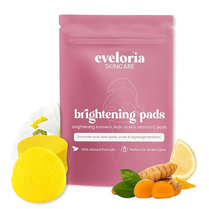 Eveloria™ Brightening Turmeric & Kojic Acid 30 Face Pads – Gentle Exfoliating & Cleansing Pads for Dark Spots, Uneven Tone & Dull Skin – Natural Glow with Turmeric, Kojic Acid & Vitamin C