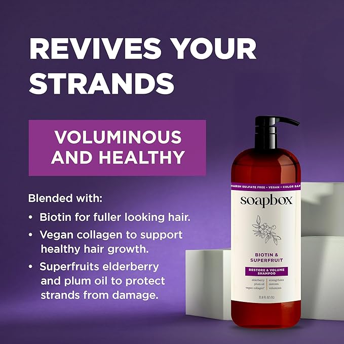 Soapbox Biotin & Superfruit Shampoo & Conditioner Set with Vegan Collagen, Aloe and Shea Butter, Harsh Sulfate Free, Paraben & Silicone Free, 1 Liter Each (Pack of 2)