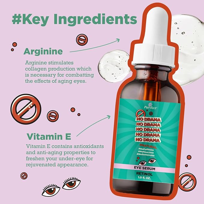 Purifect Natural Retinol Eye Serum – Dark Circles Under Eye Treatment for Puffiness & Fine Lines – Made in USA – Anti-Aging Serum with Vitamin E, Arginine, Collagen Support Oils – 1 fl oz