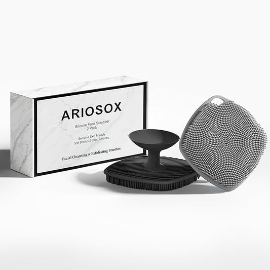 2 Pack Face Scrubbers, Silicone Face Scrubber Soft Bristles, Gentle Lather, Exfoliating & Deep Cleaning for Sensitive Skin, Giant Suction Cup Stick Securely, Easy to Store (Black + Gray)