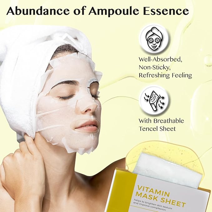 Lamelin Vitamin Niacinamide Sheet Mask, 10 Pack, Lemon Kiwi Extract Tocopherol Anti Aging Tightening Hydrating Made In Korea