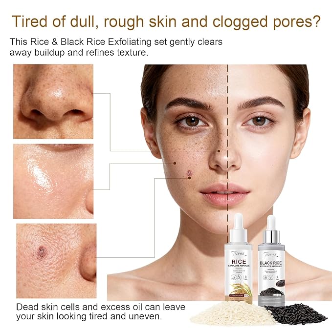 Glow White & Black Rice Exfoliate Ampoule - Peeling Shot Exfoliating Gel with Rice Extract - Gently Removes Dead Skin & Blackheads - for Morning & Night Facial Care for All Skin Types - 2 x 2.7 fl oz