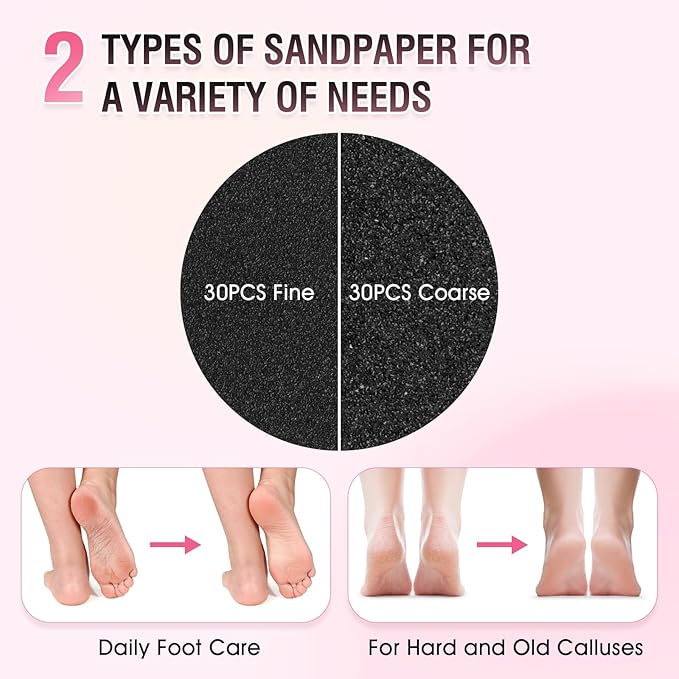 Electric Foot File Callus Remover: Adjustable Speed 1000RPM Feet File Grinder with 60 Pcs Sandpaper Discs - Professional Pedicure Tools for Dead Skin Calluses (Pink)