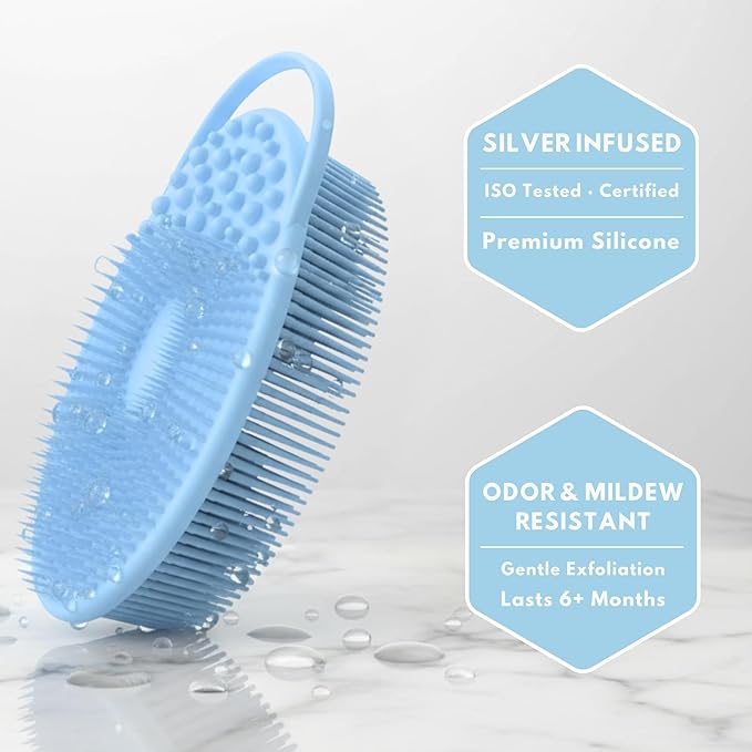 Silver Infused Exfoliating Body Scrubber - Textured Back Scrubber Shower Brush - Avilana Advanced Material Bath Tool Dual Sided - Gentle Smoothing Rough Skin - Premium Gift Women Men