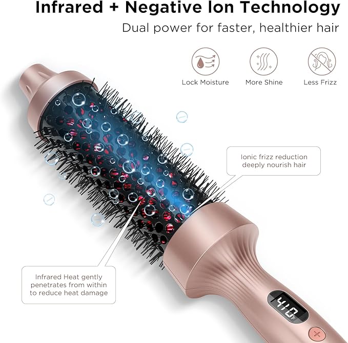 Infrared Thermal Brush Curling Brush for Blowout Look, Prizm 1.5 Inch Ionic Thermal Round Styler Tool Makes Hair Smoother Get Natural Curls, 4 Temps, 30s Fast Heating, Dual Voltage, Gold