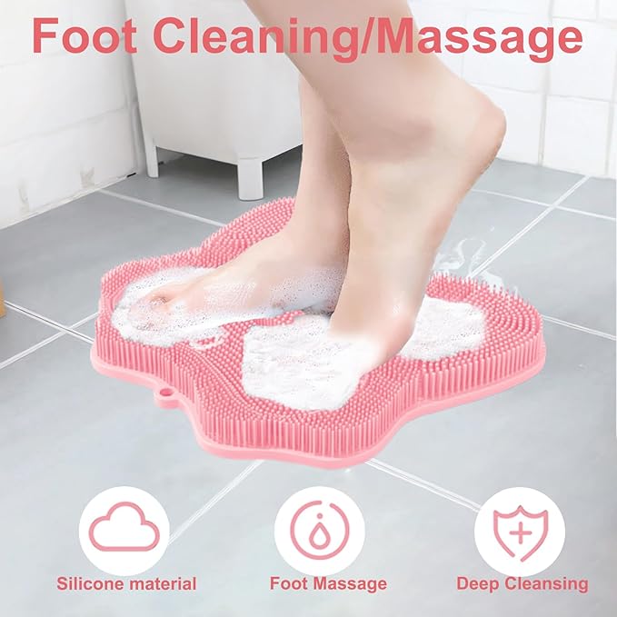 Shower Foot Scrubber, Shower Foot and Back Scrubber with Suction Cups, Shower Silicone Foot Washer for Exfoliating Massage（Grey&Pink）