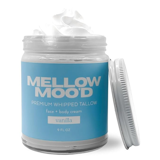 Mellow Moo'd Whipped Grass Fed Beef Tallow - Face + Body Cream - Tallow Moisturizer for Sensitive Skin - Natural Body Butter Lotion XTRA Large 9 FL OZ - Made In USA (9oz, Vanilla)