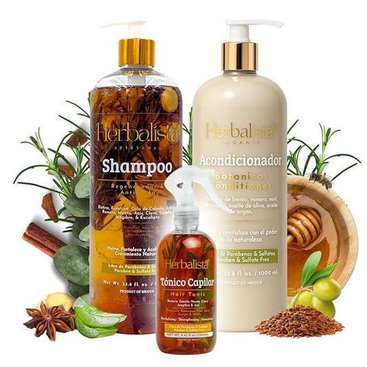 Herbalista Viral 3 Pack Herbal Hair Care Bundle – Shampoo & Conditioner 1000ml (33.8 fl oz) Each + Tonico Capilar 250ml – With Real Botanicals – 3 Piezas Shampoo & Acondicionador + Tonico Capilar.