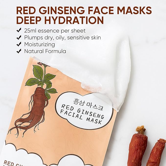 10Pack Sheet Face Masks Skincare for All Skin Types, Moisturizing Hydrating Facial Masks Suitable for Sensitive Skin, Red Ginseng Face Masks for Wrinkles, Fine-Lines, Firmness and Elasticity