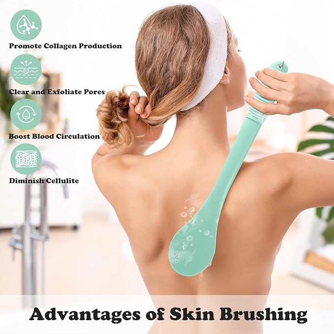 17-Inch Back Scrubber for Shower, Anti-Slip Exfoliating Body Brush for Bath, Gentle Back Brush for Shower for Men, and Women, Cleaning Skin for Smooth, Glowing Skin (Celadon Green)