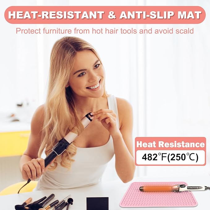 Oversize Silicone Heat Resistant Mat for Curling Irons, Hair Straighteners, Flat Irons and Hot Hair Styling Tools, Portable Wrap Pad Cover for Vanity, Travel, Salon(14.2" x 11.0")