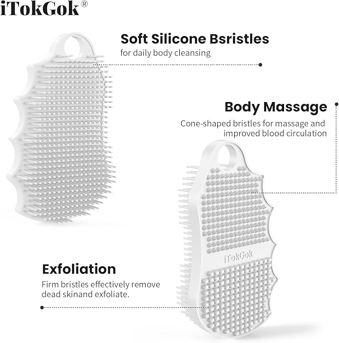 Silicone Body Scrubber Silver-Infused Dual-Sided 3-in-1 for Shower, Body Cleaning+Massage+Exfoliator Body Brush Buffer for Men and Women, Silicone Loofah, Non-Slip Handle (White)