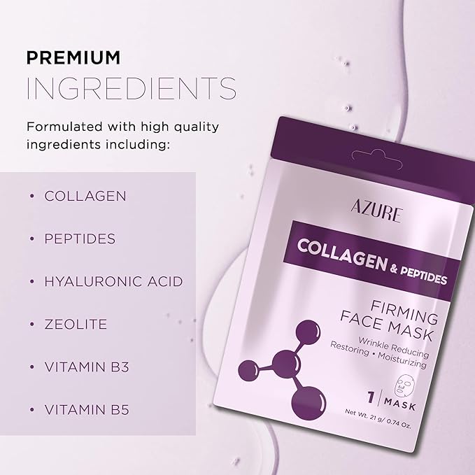 Azure Cosmetics Collagen & Peptides Lifting Facial Sheet - Restoring, Smoothing & Moisturizing Face Mask - Helps Reduce Fine Lines & Wrinkles, Smooths & Repairs - Skin Care Made in Korea - Pack of 5