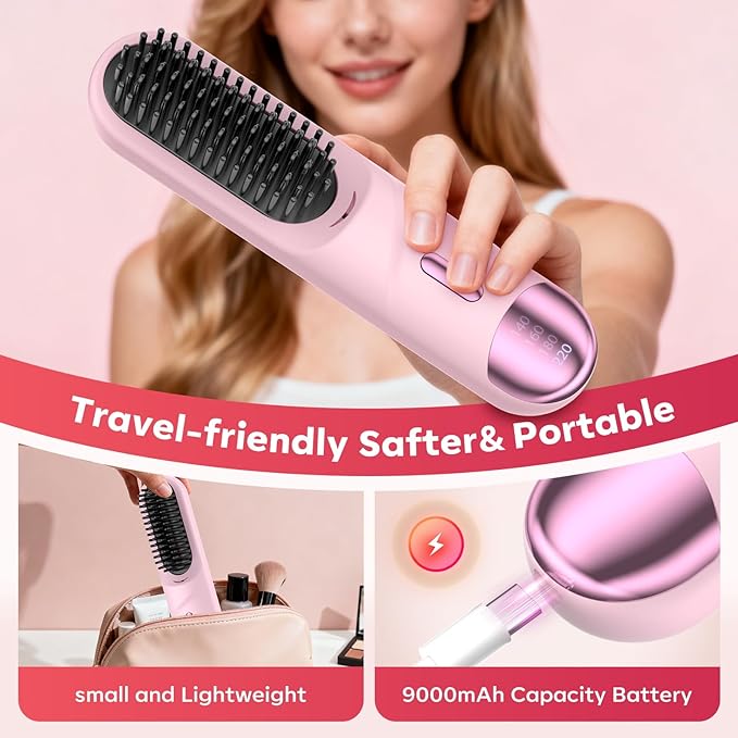 Go Brush Pro 2025 Hair Straightener Brush 300 Million Negative Ionic Portable Hair Straightener Comb for Women with 4 Temps Fast Heating MCH Ceramic Coating Smooth Frizz Hair Light Pink