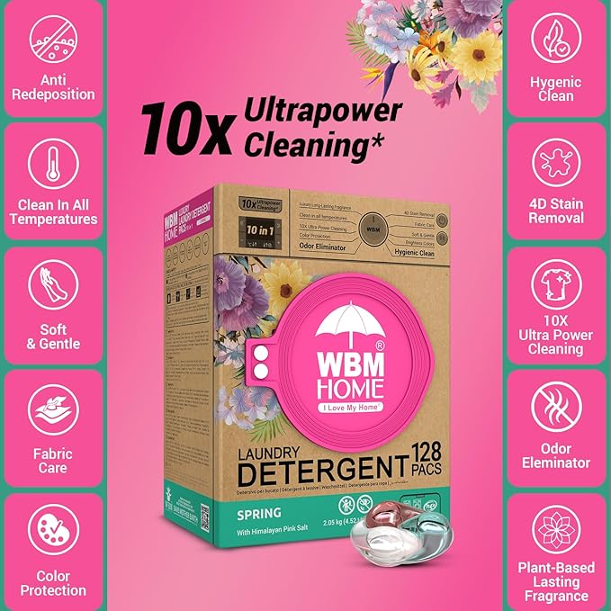 WBM Laundry Detergent Pods, Spring Fragrance Scent, 128 Count - HE Concentrated Laundry Pods With 10x Ultrapower Cleaning and 4D Laundry Stain Remover