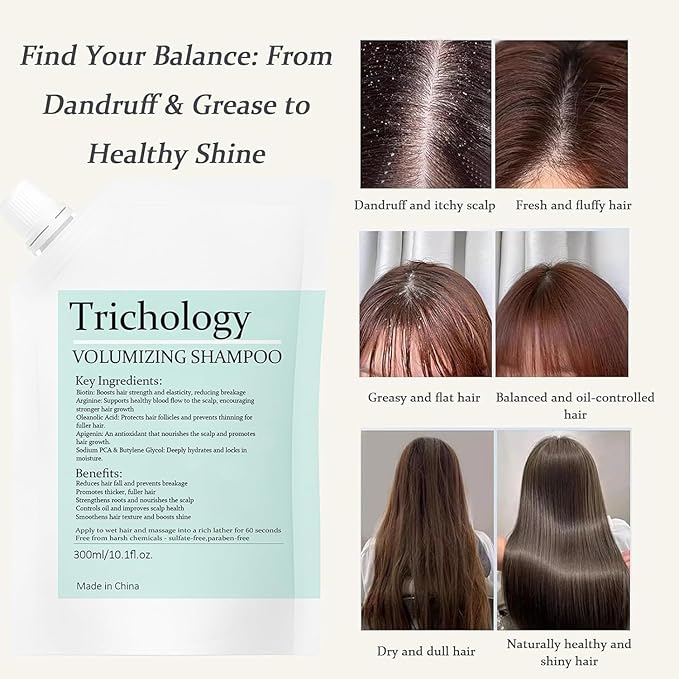 Anti-Hair Fall Trichology Shampoo & Less Shedding Volumizing Shampoo with Biotin, Arginine & Oleanolic Acid for Hair Loss, Thinning, Hair Growth, Oil Control & Scalp Nourishment – 300ML