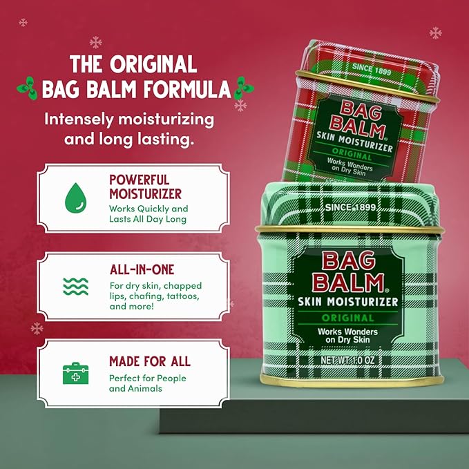 Bag Balm Mini Tin Holiday Gift Set – Bundle of 4 Limited Edition Tins (Red Star, Pink Star, Green Plaid, Red Plaid) – Multi-Use Moisturizing Balm for Dry Skin, Lips, Hands and Winter Hydration