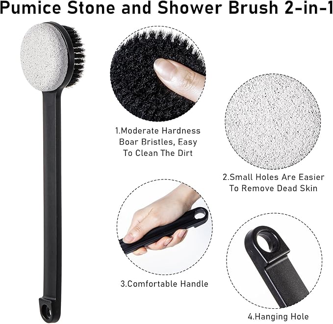 Pumice Stone for Feet and Shower Brush with Long Handle 14", Hard Skin Callus Remover, 2 in 1 Foot Scrubber Brush, Back Scrubber Body Brush for Shower Deep Cleansing and Exfoliating (Straight)