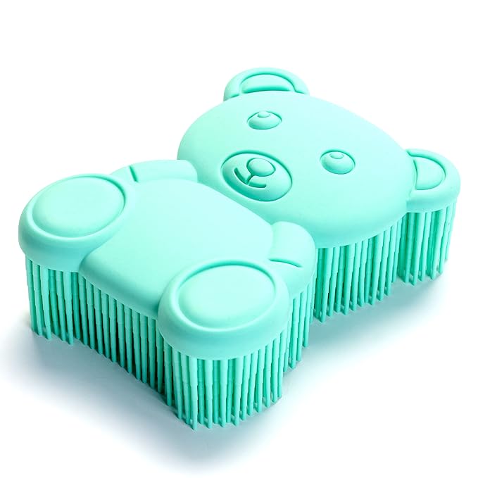 Premium Sensory Brush for Kids or Autism,Soft Silicone Body Scrubber,2 in 1 Sensory Room Occupational Therapy Fidget Brushes,Silicone Loofah,Pet Shower Brushes Bath Shampoo Brush(Bear-Teal)