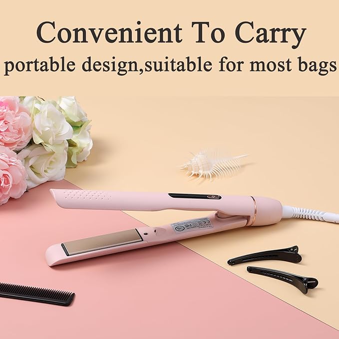 2-in-1 Hair Straightener & Curler Iron with LCD Display, 4 Temp Settings, 30s Fast Heat Up Hair Iron for Hard,Soft & Damaged Hair- Professional Styling Tools for Women (Pink)