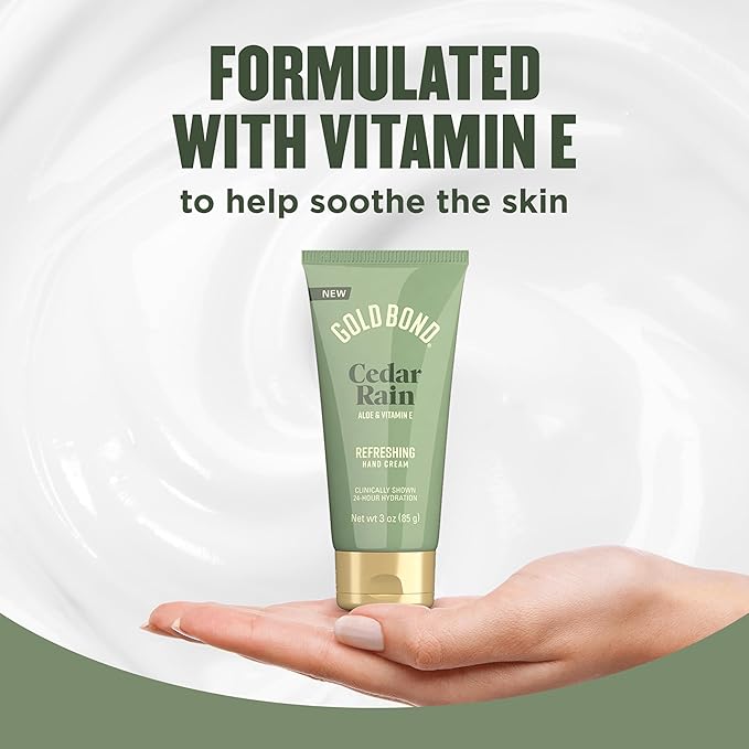 Gold Bond Cedar Rain Refreshing Hand Cream, Everyday Hand Cream with Aloe Vera to Refresh Skin and Vitamin E to Help Soothe the Skin, Comforting Cedar Rain Scent, 3 oz, 4 pk